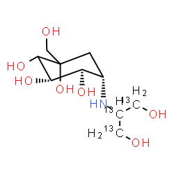 ChemSpider 2D Image | (3S,4R,5S)-5-{[1,3-Dihydroxy(~13~C_3_)-2-propanyl]amino}-1-(hydroxymethyl)-1,2,3,4-cyclohexanetetrol | C713C3H21NO7