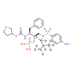 ChemSpider 2D Image | Tetrahydro-3-furanyl [(2S,3R)-4-{[(4-aminophenyl)sulfonyl][2-(~2~H_3_)methyl(~2~H_6_)propyl]amino}-1-phenyl-3-(phosphonooxy)-2-butanyl]carbamate | C25H27D9N3O9PS