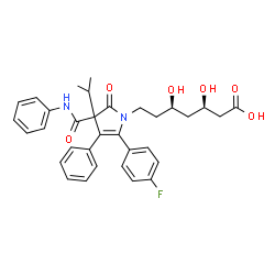 ChemSpider 2D Image | (3R,5R)-7-[5-(4-Fluorophenyl)-3-isopropyl-2-oxo-4-phenyl-3-(phenylcarbamoyl)-2,3-dihydro-1H-pyrrol-1-yl]-3,5-dihydroxyheptanoic acid | C33H35FN2O6