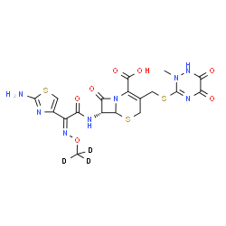 ChemSpider 2D Image | (7R)-7-{[(2Z)-2-(2-Amino-1,3-thiazol-4-yl)-2-{[(~2~H_3_)methyloxy]imino}acetyl]amino}-3-{[(2-methyl-5,6-dioxo-1,2,5,6-tetrahydro-1,2,4-triazin-3-yl)sulfanyl]methyl}-8-oxo-5-thia-1-azabicyclo[4.2.0]oct
-2-ene-2-carboxylic acid | C18H15D3N8O7S3