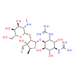 ChemSpider 2D Image | 1,1'-[(1R,2R,3R,4S,5R,6S)-4-({5-Deoxy-2-O-[2-deoxy-2-(methylamino)-beta-D-altropyranosyl]-3-C-formyl-alpha-L-ribofuranosyl}oxy)-2,5,6-trihydroxy-1,3-cyclohexanediyl]diguanidine | C21H39N7O12