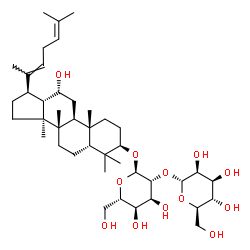 ChemSpider 2D Image | (3alpha,8alpha,9beta,10alpha,13alpha,14beta,17alpha,20E)-12-Hydroxydammara-20(22),24-dien-3-yl 2-O-alpha-D-mannopyranosyl-alpha-L-altropyranoside | C42H70O12