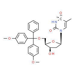 ChemSpider 2D Image | 1-{5-O-[Bis(4-methoxyphenyl)(phenyl)methyl]-2-deoxy-beta-D-threo-pentofuranosyl}-5-methyl-2,4(1H,3H)-(4-~14~C)pyrimidinedione | C3014CH32N2O7