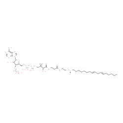 ChemSpider 2D Image | S-{1-[(2R,3R,5R)-5-(6-Amino-9H-purin-9-yl)-4-hydroxy-3-(phosphonooxy)tetrahydro-2-furanyl]-3,5,9-trihydroxy-8,8-dimethyl-3,5-dioxido-10,14-dioxo-2,4,6-trioxa-11,15-diaza-3lambda~5~,5lambda~5~-diphosph
aheptadecan-17-yl} (9E,12E)-(1-~14~C)-9,12-octadecadienethioate (non-preferred name) | C3814CH66N7O17P3S