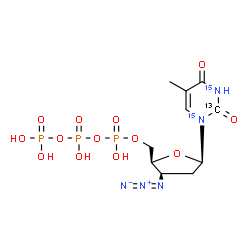 ChemSpider 2D Image | 1-[3-Azido-2,3-dideoxy-5-O-(hydroxy{[hydroxy(phosphonooxy)phosphoryl]oxy}phosphoryl)-beta-D-threo-pentofuranosyl]-5-methyl-2,4(1H,3H)-(2-~13~C,~15~N_2_)pyrimidinedione | C913CH16N315N2O13P3