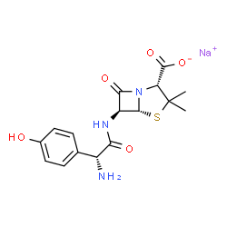 ChemSpider 2D Image | Sodium (2R,5R,6S)-6-{[(2R)-2-amino-2-(4-hydroxyphenyl)acetyl]amino}-3,3-dimethyl-7-oxo-4-thia-1-azabicyclo[3.2.0]heptane-2-carboxylate | C16H18N3NaO5S