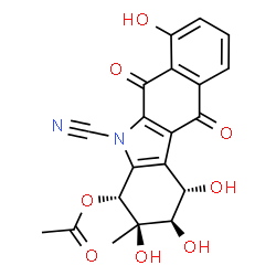 ChemSpider 2D Image | (1S,2R,3R,4R)-5-Cyano-1,2,3,7-tetrahydroxy-3-methyl-6,11-dioxo-2,3,4,5,6,11-hexahydro-1H-benzo[b]carbazol-4-yl acetate | C20H16N2O8