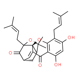 ChemSpider 2D Image | (2S,13S)-6,8-Dihydroxy-17,17-dimethyl-5,15-bis(3-methyl-2-buten-1-yl)-3,16-dioxapentacyclo[11.4.1.0~2,11~.0~2,15~.0~4,9~]octadeca-4,6,8,11-tetraene-10,14-dione | C28H32O6