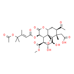 ChemSpider 2D Image | [(1R,2S,3R,6R,8R,9R,10R,12S,13S)-3-{[(2E)-4-Acetoxy-3,4-dimethyl-2-pentenoyl]oxy}-8-acetyl-11,12-dihydroxy-13-(methoxycarbonyl)-9-methyl-4-oxo-5,14-dioxatetracyclo[8.5.0.0~1,6~.0~2,13~]pentadec-9-yl]a
cetic acid | C29H38O14