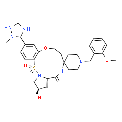 ChemSpider 2D Image | (10a'S,12'R)-12'-Hydroxy-1-(2-methoxybenzyl)-3'-(2-methyl-1,2,4-triazolidin-3-yl)-6',7',10a',11',12',13'-hexahydrospiro[piperidine-4,8'-pyrrolo[1,2-b][9,1,2,5]benzoxathiadiazacycloundecin]-10'(9'H)-on
e 15',15'-dioxide | C29H40N6O6S