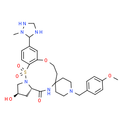 ChemSpider 2D Image | (10a'S,12'R)-12'-Hydroxy-1-(4-methoxybenzyl)-3'-(2-methyl-1,2,4-triazolidin-3-yl)-6',7',10a',11',12',13'-hexahydrospiro[piperidine-4,8'-pyrrolo[1,2-b][9,1,2,5]benzoxathiadiazacycloundecin]-10'(9'H)-on
e 15',15'-dioxide | C29H40N6O6S