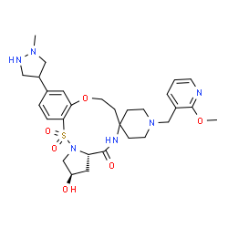 ChemSpider 2D Image | (10a'S,12'R)-12'-Hydroxy-1-[(2-methoxy-3-pyridinyl)methyl]-3'-(1-methyl-4-pyrazolidinyl)-6',7',10a',11',12',13'-hexahydrospiro[piperidine-4,8'-pyrrolo[1,2-b][9,1,2,5]benzoxathiadiazacycloundecin]-10'(
9'H)-one 15',15'-dioxide | C29H40N6O6S