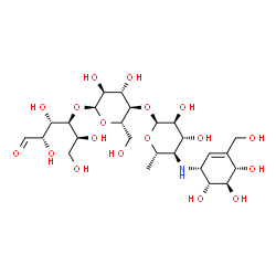 ChemSpider 2D Image | 4,6-Dideoxy-4-{[(1R,4S,5R,6R)-4,5,6-trihydroxy-3-(hydroxymethyl)-2-cyclohexen-1-yl]amino}-alpha-L-glucopyranosyl-(1->4)-alpha-L-glucopyranosyl-(1->4)-L-glucose | C25H43NO18
