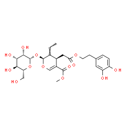 ChemSpider 2D Image | Methyl (2S,3E,4R)-4-{2-[2-(3,4-dihydroxyphenyl)ethoxy]-2-oxoethyl}-3-ethylidene-2-(beta-D-mannopyranosyloxy)-3,4-dihydro-2H-pyran-5-carboxylate | C25H32O13