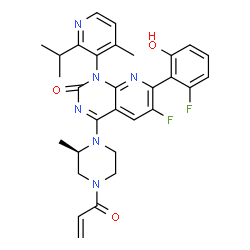 ChemSpider 2D Image | 4-[(2R)-4-Acryloyl-2-methyl-1-piperazinyl]-6-fluoro-7-(2-fluoro-6-hydroxyphenyl)-1-(2-isopropyl-4-methyl-3-pyridinyl)pyrido[2,3-d]pyrimidin-2(1H)-one | C30H30F2N6O3