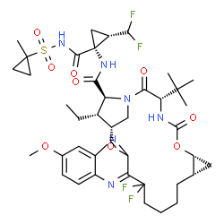 ChemSpider 2D Image | (1R,18S,20R,24S,27S,28R)-N-[(1R,2S)-2-(Difluoromethyl)-1-{[(1-methylcyclopropyl)sulfonyl]carbamoyl}cyclopropyl]-28-ethyl-13,13-difluoro-7-methoxy-24-(2-methyl-2-propanyl)-22,25-dioxo-2,21-dioxa-4,11,2
3,26-tetraazapentacyclo[24.2.1.0~3,12~.0~5,10~.0~18,20~]nonacosa-3,5,7,9,11-pentaene-27-carboxamide | C40H52F4N6O9S