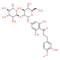 ChemSpider 2D Image | 3,5-Dihydroxy-4-[3-(3-hydroxy-4-methoxyphenyl)propanoyl]phenyl 2-O-(6-deoxy-alpha-L-mannopyranosyl)-alpha-D-glucopyranoside | C28H36O15