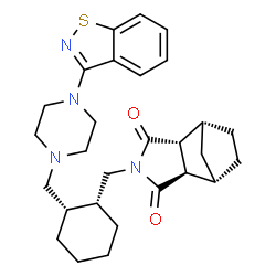 ChemSpider 2D Image | (1R,2R,6R,7S)-4-{[(1R,2S)-2-{[4-(1,2-Benzothiazol-3-yl)-1-piperazinyl]methyl}cyclohexyl]methyl}-4-azatricyclo[5.2.1.0~2,6~]decane-3,5-dione | C28H36N4O2S
