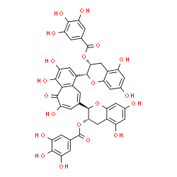 ChemSpider 2D Image | (2R,3R)-2-(8-{(2R,3S)-5,7-Dihydroxy-3-[(3,4,5-trihydroxybenzoyl)oxy]-3,4-dihydro-2H-chromen-2-yl}-3,4,6-trihydroxy-5-oxo-5H-benzo[7]annulen-1-yl)-5,7-dihydroxy-3,4-dihydro-2H-chromen-3-yl 3,4,5-trihyd
roxybenzoate | C43H32O20