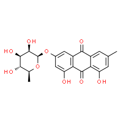 ChemSpider 2D Image | 4,5-Dihydroxy-7-methyl-9,10-dioxo-9,10-dihydro-2-anthracenyl 6-deoxy-beta-L-mannopyranoside | C21H20O9