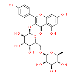 ChemSpider 2D Image | 5,7-Dihydroxy-2-(4-hydroxyphenyl)-4-oxo-4H-chromen-3-yl 6-O-(6-deoxy-beta-L-mannopyranosyl)-alpha-D-galactopyranoside | C27H30O15