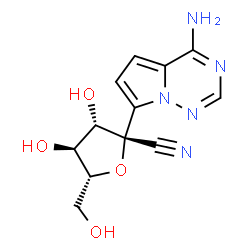 ChemSpider 2D Image | (2R,3S,4S,5R)-2-(4-Aminopyrrolo[2,1-f][1,2,4]triazin-7-yl)-3,4-dihydroxy-5-(hydroxymethyl)tetrahydro-2-furancarbonitrile (non-preferred name) | C12H13N5O4