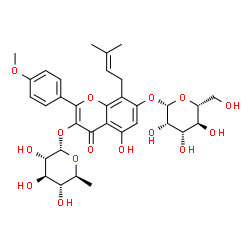 ChemSpider 2D Image | 5-Hydroxy-7-(beta-D-mannopyranosyloxy)-2-(4-methoxyphenyl)-8-(3-methyl-2-buten-1-yl)-4-oxo-4H-chromen-3-yl 6-deoxy-alpha-L-glucopyranoside | C33H40O15