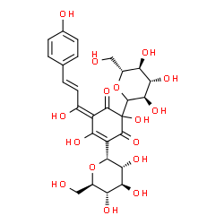 ChemSpider 2D Image | (6E)-2,5-Dihydroxy-6-[(2E)-1-hydroxy-3-(4-hydroxyphenyl)-2-propen-1-ylidene]-4-[(2R,3R,4R,5S,6R)-3,4,5-trihydroxy-6-(hydroxymethyl)tetrahydro-2H-pyran-2-yl]-2-[(3R,4S,5S,6R)-3,4,5-trihydroxy-6-(hydrox
ymethyl)tetrahydro-2H-pyran-2-yl]-4-cyclohexene-1,3-dione (non-preferred name) | C27H32O16