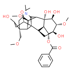 ChemSpider 2D Image | (1alpha,6beta,7beta,8alpha,9alpha,14alpha,15beta,16alpha,17S)-3,8,13,15-Tetrahydroxy-1,6,16-trimethoxy-4-(methoxymethyl)-20-methylaconitan-14-yl benzoate | C31H43NO10