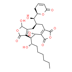 ChemSpider 2D Image | (4S,5R,10R)-4,8-Dihydroxy-5-[(1S)-1-hydroxyheptyl]-10-{(R)-hydroxy[(2R)-6-oxo-3,6-dihydro-2H-pyran-2-yl]methyl}-4,5,8,9,10,11-hexahydro-1H-furo[3',4':5,6]cyclonona[1,2-c]furan-1,3,6-trione | C26H32O11