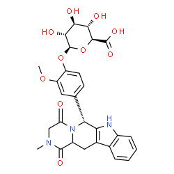 ChemSpider 2D Image | 2-Methoxy-4-[(6R)-2-methyl-1,4-dioxo-1,2,3,4,6,7,12,12a-octahydropyrazino[1',2':1,6]pyrido[3,4-b]indol-6-yl]phenyl beta-D-glucopyranosiduronic acid | C28H29N3O10