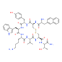 ChemSpider 2D Image | (4R,7S,10S,13R,16S,19R)-10-(4-Aminobutyl)-N-[(3S)-1-amino-3-hydroxy-1-oxo-2-butanyl]-16-(4-hydroxybenzyl)-13-(1H-indol-3-ylmethyl)-7-isopropyl-19-{[3-(2-naphthyl)-D-alanyl]amino}-6,9,12,15,18-pentaoxo
-1,2-dithia-5,8,11,14,17-pentaazacycloicosane-4-carboxamide | C54H69N11O10S2