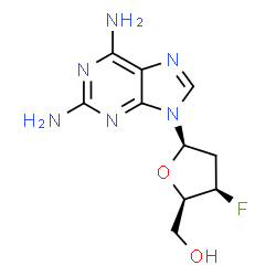 ChemSpider 2D Image | 9-(2,3-Dideoxy-3-fluoro-beta-D-threo-pentofuranosyl)-9H-purine-2,6-diamine | C10H13FN6O2