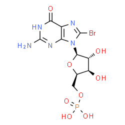 ChemSpider 2D Image | 2-Amino-8-bromo-9-(5-O-phosphono-beta-D-xylofuranosyl)-1,9-dihydro-6H-purin-6-one | C10H13BrN5O8P