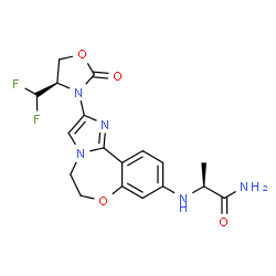 ChemSpider 2D Image | N~2~-{2-[(4R)-4-(Difluoromethyl)-2-oxo-1,3-oxazolidin-3-yl]-5,6-dihydroimidazo[1,2-d][1,4]benzoxazepin-9-yl}-L-alaninamide | C18H19F2N5O4