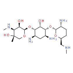 ChemSpider 2D Image | (1R,2R,3S,4R,6S)-4,6-Diamino-3-{[3-deoxy-4-C-methyl-3-(methylamino)-beta-L-lyxopyranosyl]oxy}-2-hydroxycyclohexyl 2-amino-2,3,4,6-tetradeoxy-6-(methylamino)-alpha-D-erythro-hexopyranoside | C20H41N5O7