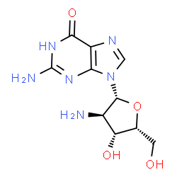 ChemSpider 2D Image | 2-Amino-9-(2-amino-2-deoxy-beta-D-xylofuranosyl)-1,9-dihydro-6H-purin-6-one | C10H14N6O4