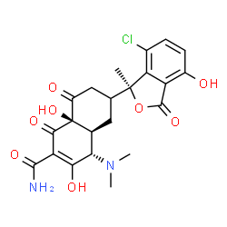 ChemSpider 2D Image | (4S,4aS,8aR)-6-[(1S)-7-Chloro-4-hydroxy-1-methyl-3-oxo-1,3-dihydro-2-benzofuran-1-yl]-4-(dimethylamino)-3,8a-dihydroxy-1,8-dioxo-1,4,4a,5,6,7,8,8a-octahydro-2-naphthalenecarboxamide | C22H23ClN2O8