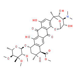ChemSpider 2D Image | Methyl (1S,10S,12S,13R,21R,22S,23R,24R)-10-[(6-deoxy-3-C-methyl-2,3,4-tri-O-methyl-alpha-L-mannopyranosyl)oxy]-23-(dimethylamino)-4,8,12,22,24-pentahydroxy-1,12-dimethyl-6,17-dioxo-20,25-dioxahexacycl
o[19.3.1.0~2,19~.0~5,18~.0~7,16~.0~9,14~]pentacosa-2,4,7(16),8,14,18-hexaene-13-carboxylate | C39H49NO16