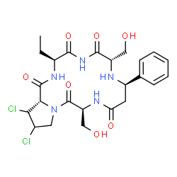 ChemSpider 2D Image | (3S,7S,9R,13S,18S,18aS)-17,18-Dichloro-3-ethyl-7,13-bis(hydroxymethyl)-9-phenyldodecahydropyrrolo[1,2-d][1,4,7,10,13]pentaazacyclohexadecine-1,4,6,11,14(5H)-pentone | C24H31Cl2N5O7