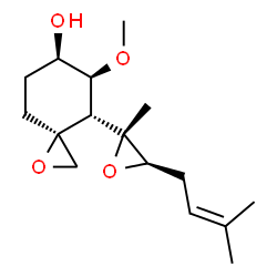 ChemSpider 2D Image | (3S,4S,5S,6R)-5-Methoxy-4-[(3R)-2-methyl-3-(3-methyl-2-buten-1-yl)-2-oxiranyl]-1-oxaspiro[2.5]octan-6-ol | C16H26O4