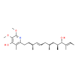 ChemSpider 2D Image | 2-[(2E,4E,7E,9S,10S,11E)-10-Hydroxy-3,7,9,11-tetramethyl-2,4,7,11-tridecatetraen-1-yl]-5,6-dimethoxy-3-methyl-4-pyridinol | C25H37NO4