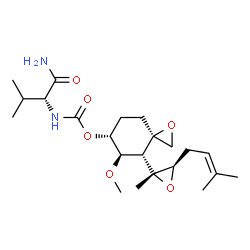 ChemSpider 2D Image | (3R,4R,5R,6R)-5-Methoxy-4-[(3R)-2-methyl-3-(3-methyl-2-buten-1-yl)-2-oxiranyl]-1-oxaspiro[2.5]oct-6-yl [(2R)-1-amino-3-methyl-1-oxo-2-butanyl]carbamate | C22H36N2O6