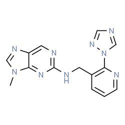 ChemSpider 2D Image | 9-Methyl-N-{[2-(1H-1,2,4-triazol-1-yl)-3-pyridinyl]methyl}-9H-purin-2-amine | C14H13N9