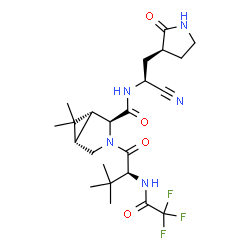 ChemSpider 2D Image | (1R,2S,5S)-N-{(1S)-1-Cyano-2-[(3S)-2-oxo-3-pyrrolidinyl]ethyl}-6,6-dimethyl-3-[3-methyl-N-(trifluoroacetyl)-L-valyl]-3-azabicyclo[3.1.0]hexane-2-carboxamide | C23H32F3N5O4