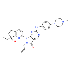 ChemSpider 2D Image | 1-[(7R)-7-ethyl-7-hydroxy-5,6-dihydrocyclopenta[b]pyridin-2-yl]-6-[4-(4-methylpiperazin-1-yl)anilino]-2-prop-2-enylpyrazolo[3,4-d]pyrimidin-3-one | C29H34N8O2
