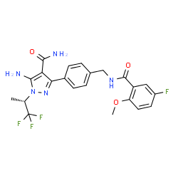 ChemSpider 2D Image | 5-Amino-3-(4-{[(5-fluoro-2-methoxybenzoyl)amino]methyl}phenyl)-1-[(2S)-1,1,1-trifluoro-2-propanyl]-1H-pyrazole-4-carboxamide | C22H21F4N5O3