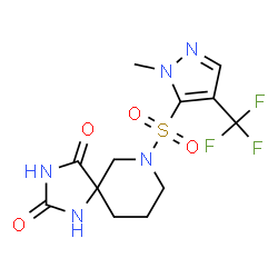 ChemSpider 2D Image | 7-{[1-Methyl-4-(trifluoromethyl)-1H-pyrazol-5-yl]sulfonyl}-1,3,7-triazaspiro[4.5]decane-2,4-dione | C12H14F3N5O4S