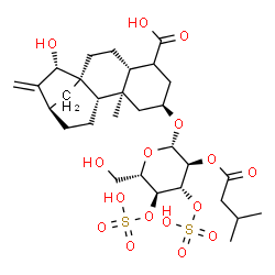 ChemSpider 2D Image | (1R,4R,7R,9R,10S,13R,15S)-15-Hydroxy-9-methyl-7-{[2-O-(3-methylbutanoyl)-3,4-di-O-sulfo-beta-L-glucopyranosyl]oxy}-14-methylenetetracyclo[11.2.1.0~1,10~.0~4,9~]hexadecane-5-carboxylic acid | C30H46O16S2