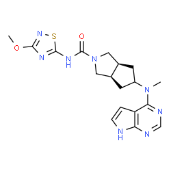 ChemSpider 2D Image | (3aR,6aS)-N-(3-methoxy-1,2,4-thiadiazol-5-yl)-5-[methyl({7H-pyrrolo[2,3-d]pyrimidin-4-yl})amino]-octahydrocyclopenta[c]pyrrole-2-carboxamide | C18H22N8O2S